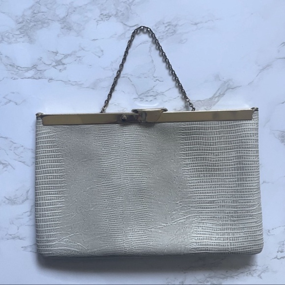 Vintage Genuine Leather Reptile Styled Clutch Bag with Chain